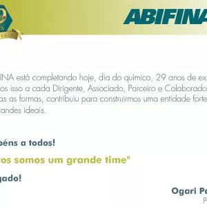 A ABIFINA completa em  18 de junho, 29 anos de existência!
