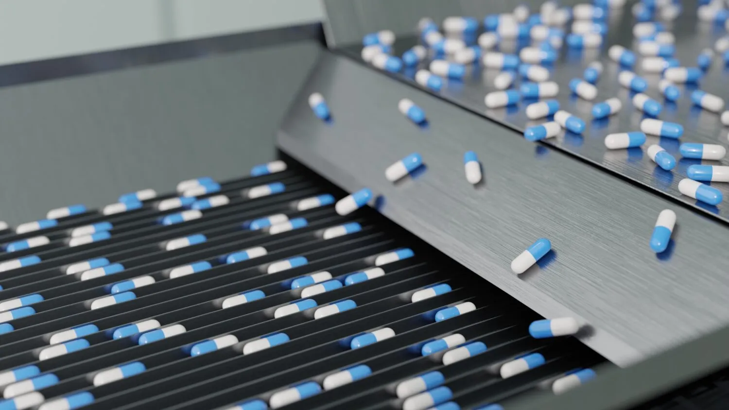An,Image,Of,The,Production,Line,For,Mass produced,Blue,Capsules.